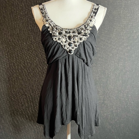 Moa Moa Black flowing top with rhinestone neck detail. NWT. Size large. - Picture 1 of 4